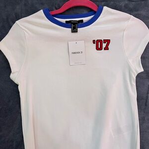 Forever 21 White Tee with Blue Trim and Red Detail